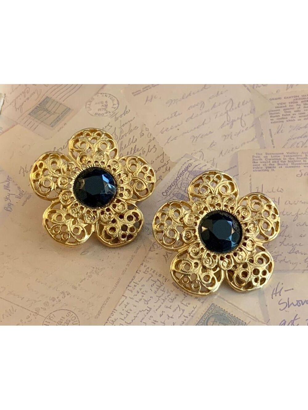 Vintage Gold Flower Clip On Earrings with Black Gemstone Center - Elegant & Chic
